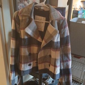 Hollister Plaid Double-Breasted Peacoat in Gray, Cream & Navy